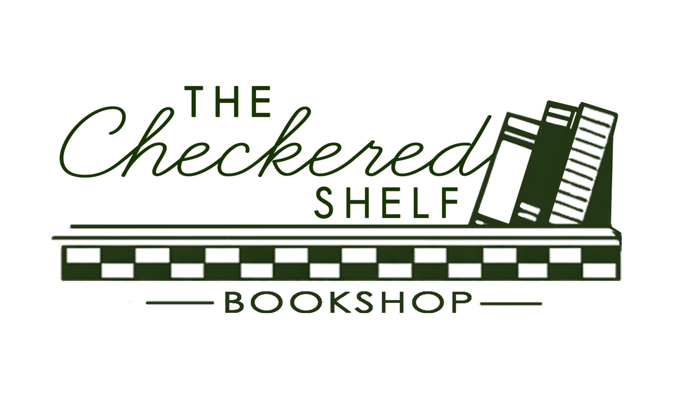 Logo for The Checkered Shelf Bookshop with a row of books leaning on a checkered shelf pattern in dark green.