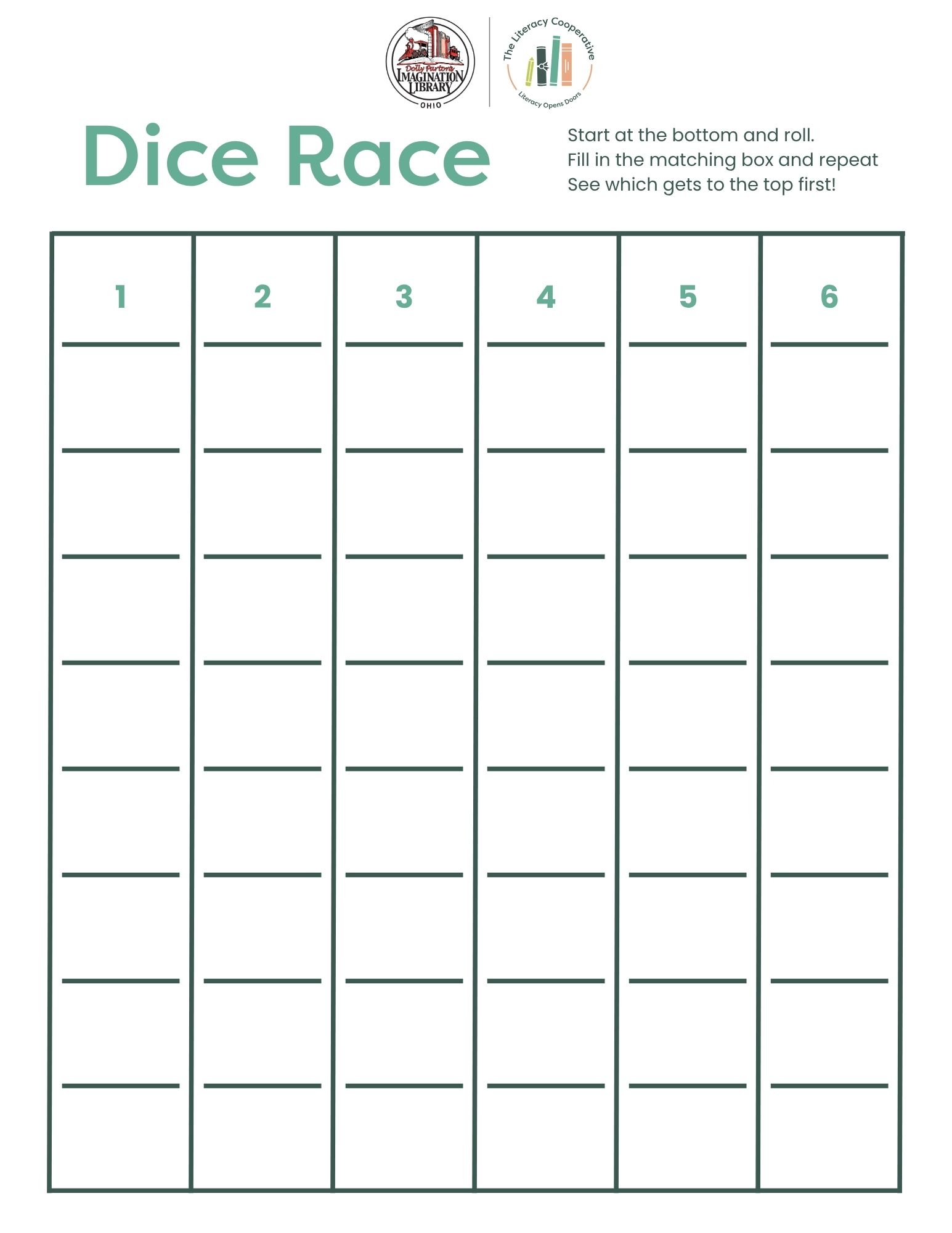 Dice Race game board with six vertical lanes labeled 1–6 and blank spaces to fill, plus instruction text and logos at the top for reference.