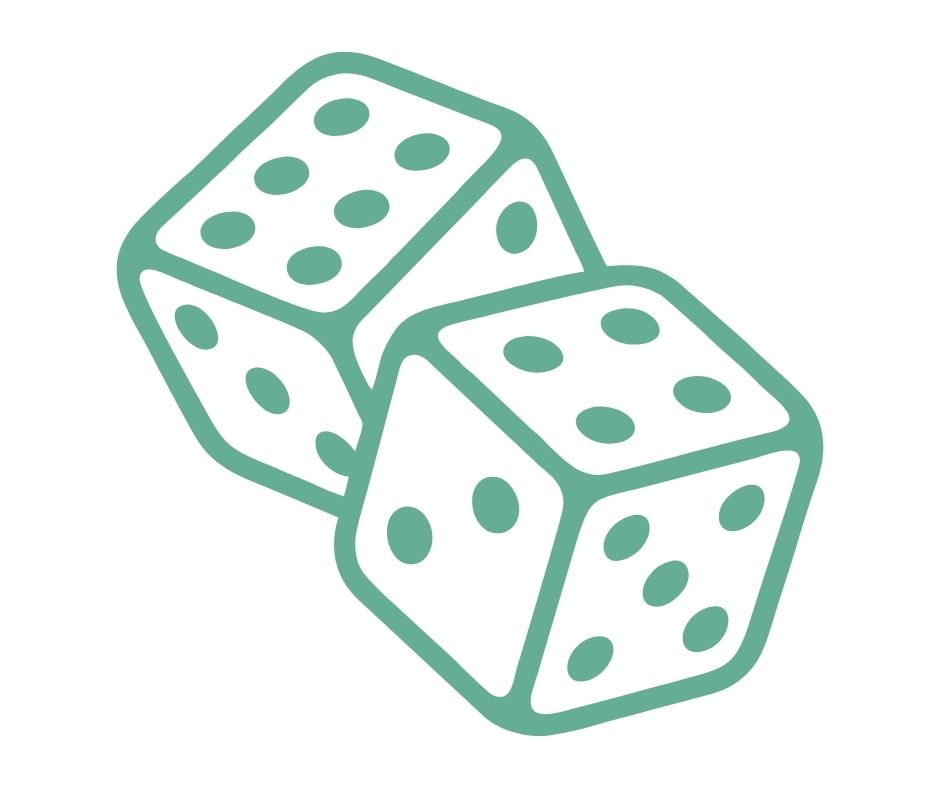Two teal dice with white faces and green pips, angled as if rolling