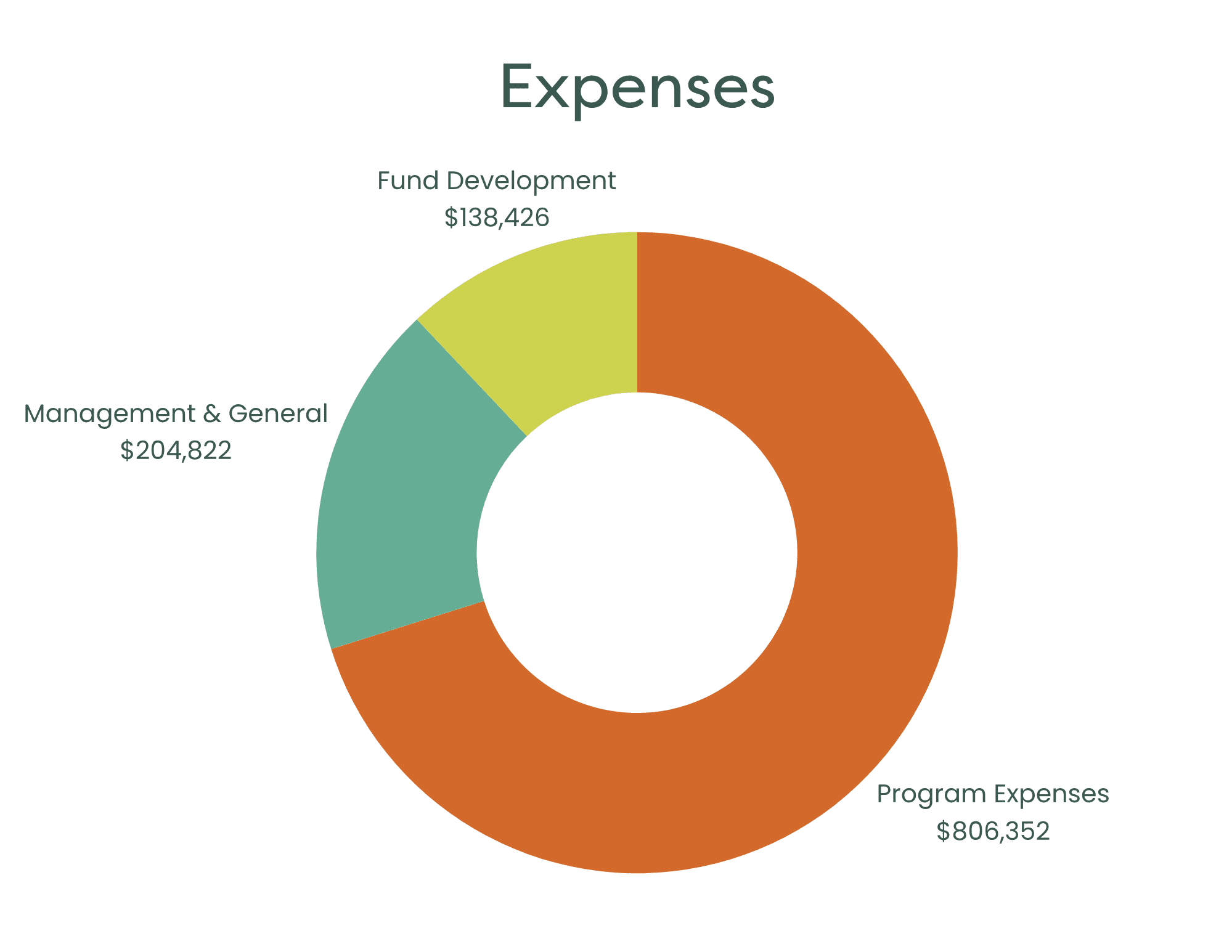 Donut chart of expenses by category: Program Expenses $806,352, Management & General $204,822, Fund Development $138,426.
