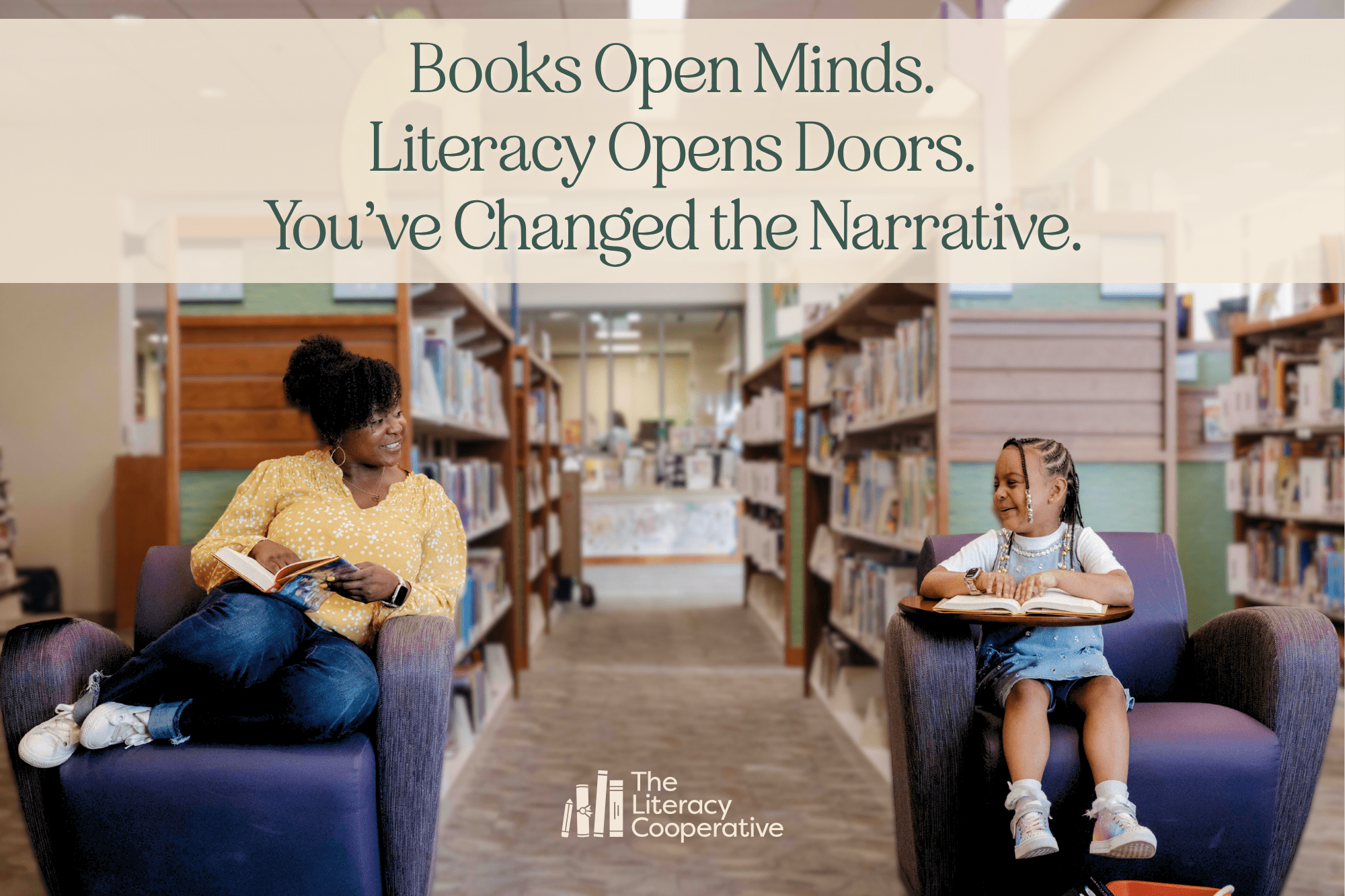 Library seating area with a woman and a child reading; a large translucent banner displays the literacy slogan and logo at the bottom.