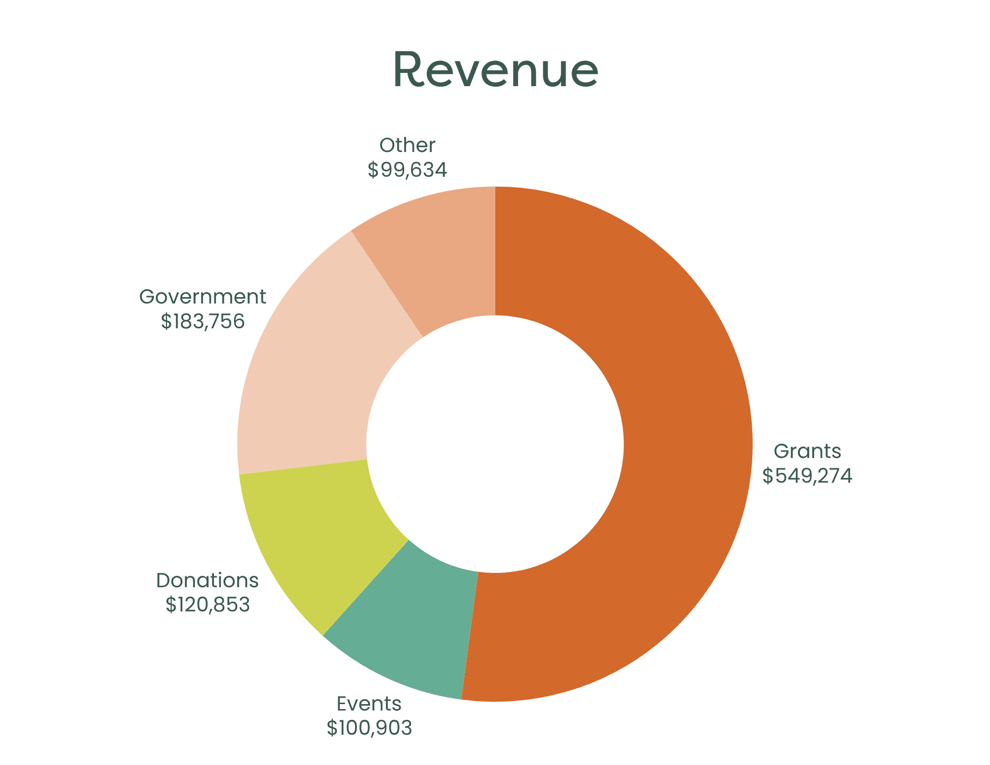 Donut chart of revenue sources with amounts: Grants 549,274; Government 183,756; Donations 120,853; Events 100,903; Other 99,634.