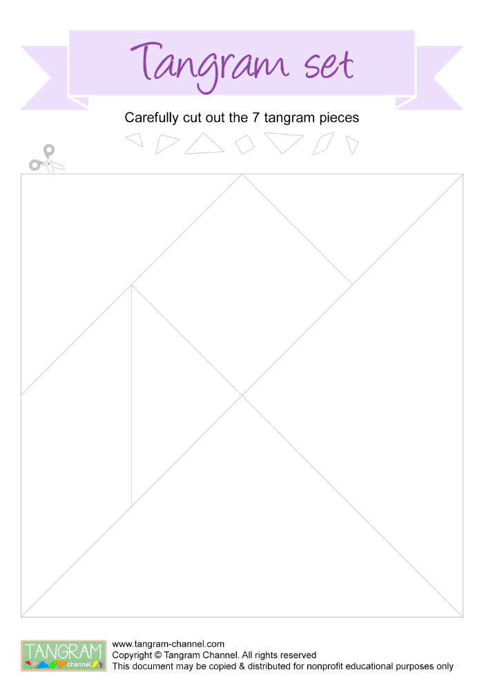 Illustration of a tangram set: a square frame with faint outlines of the seven pieces; banner reads 'Tangram set' and a subtitle says 'Carefully cut out the 7 tangram pieces'.